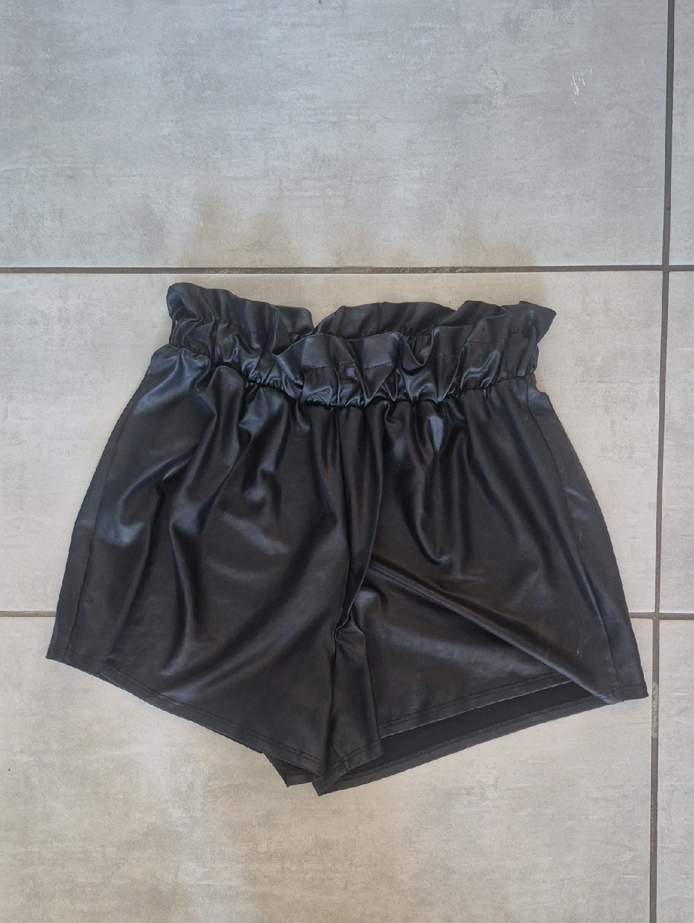 High-Rise Black Faux Leather Paperbag Waist Women's Shorts